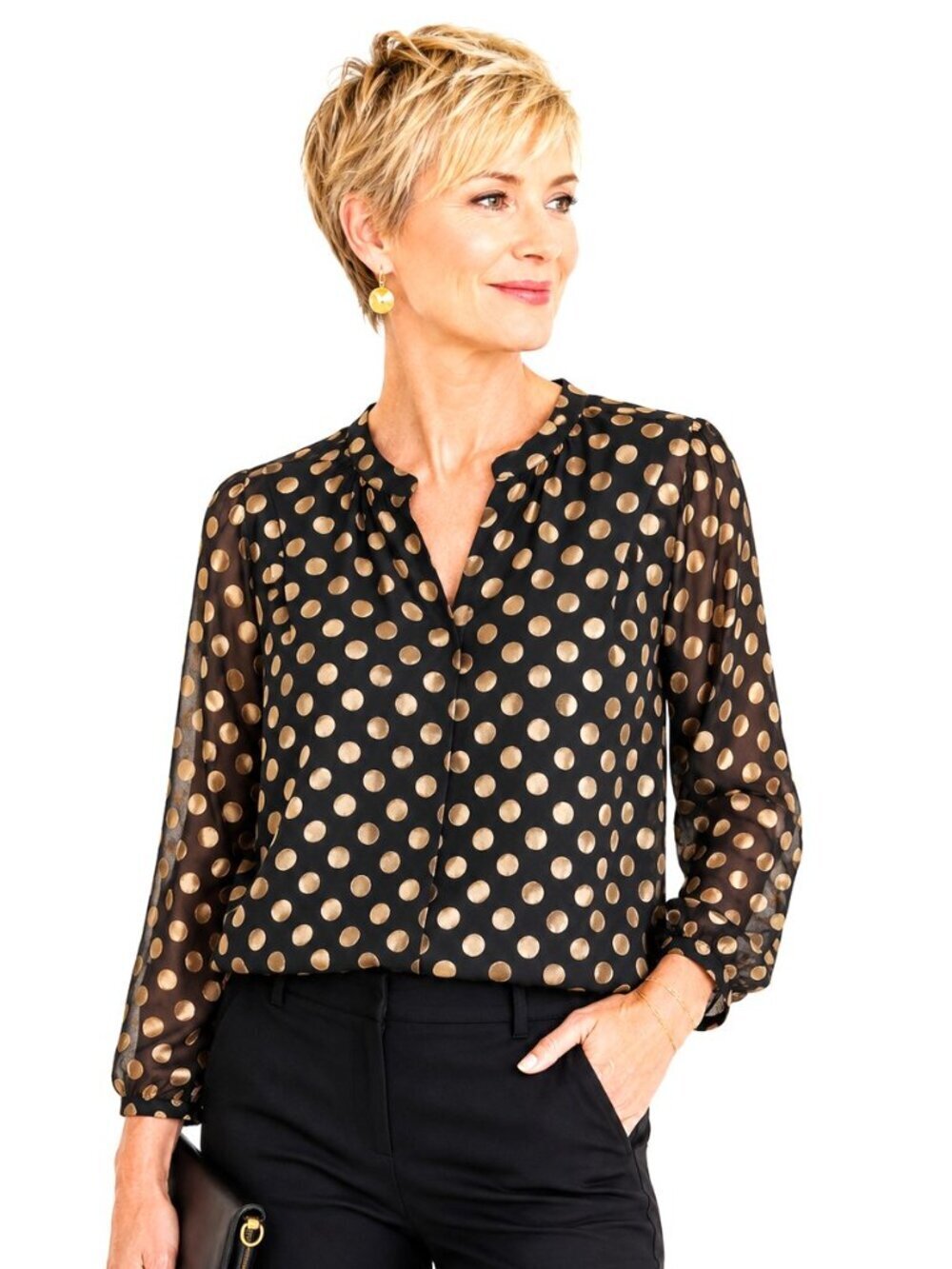 Talbots Petite Black Gold Polka Dot Print Tunic